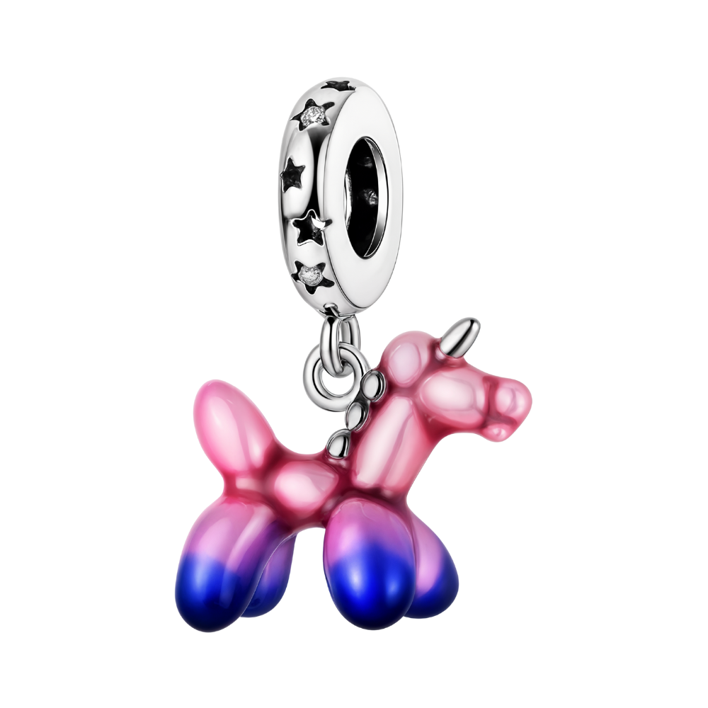 Balloon Animal Unicorn Dangle Charm in pink and blue, whimsical charm for bracelets and necklaces.