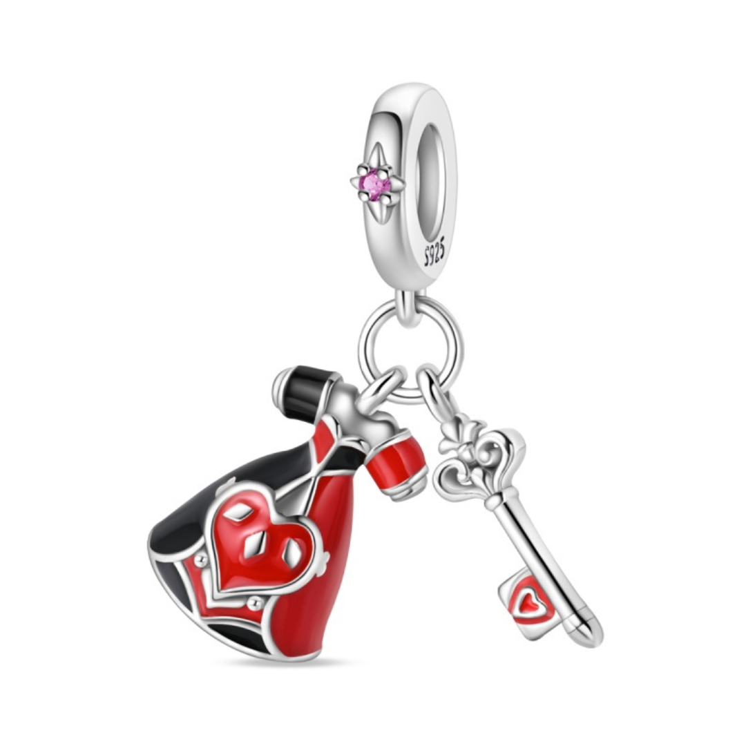 Disney Alice in Wonderland Queen of Hearts dangle charm featuring red enamel and silver key details.