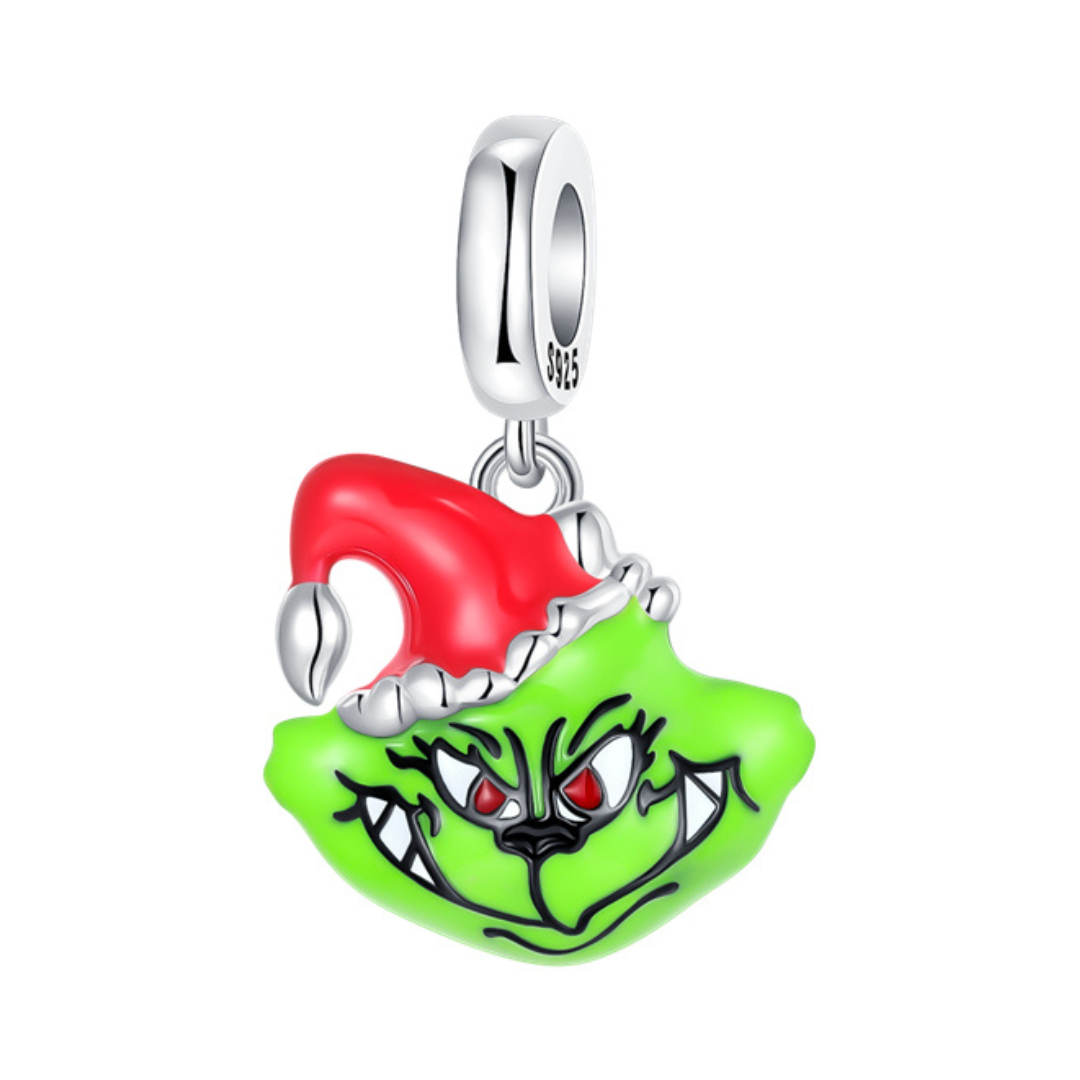 Grinch Christmas Face Dangle Charm featuring the Grinch with a Santa hat and bold green facial details.