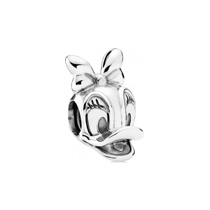 Daisy Duck portrait charm in sterling silver with enamel accents and signature bow design.