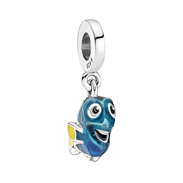 Dory Dangle Charm showcasing a cheerful blue tang fish in sterling silver and colorful enamel.
