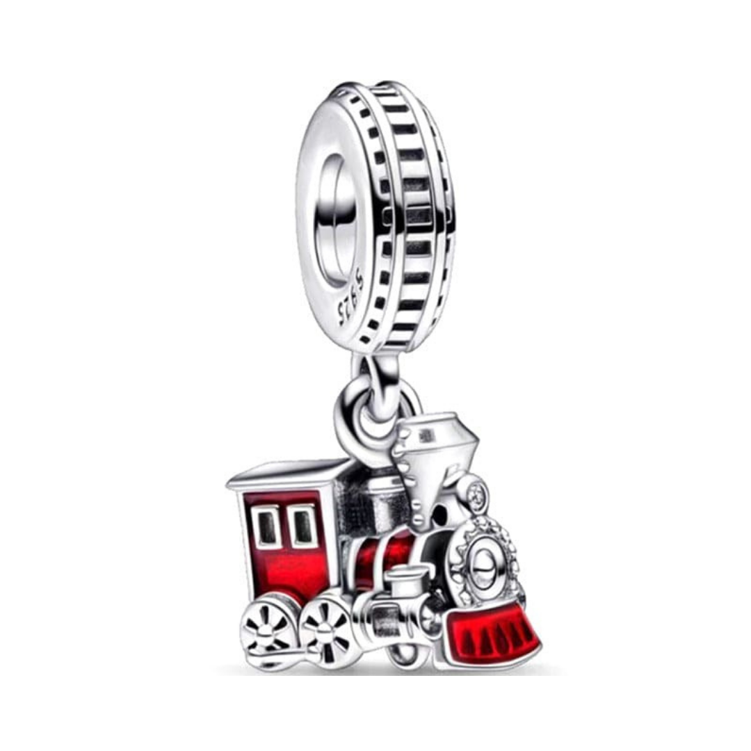 Magic Kingdom Train Dangle Charm featuring a vintage locomotive design with vibrant red enamel details.