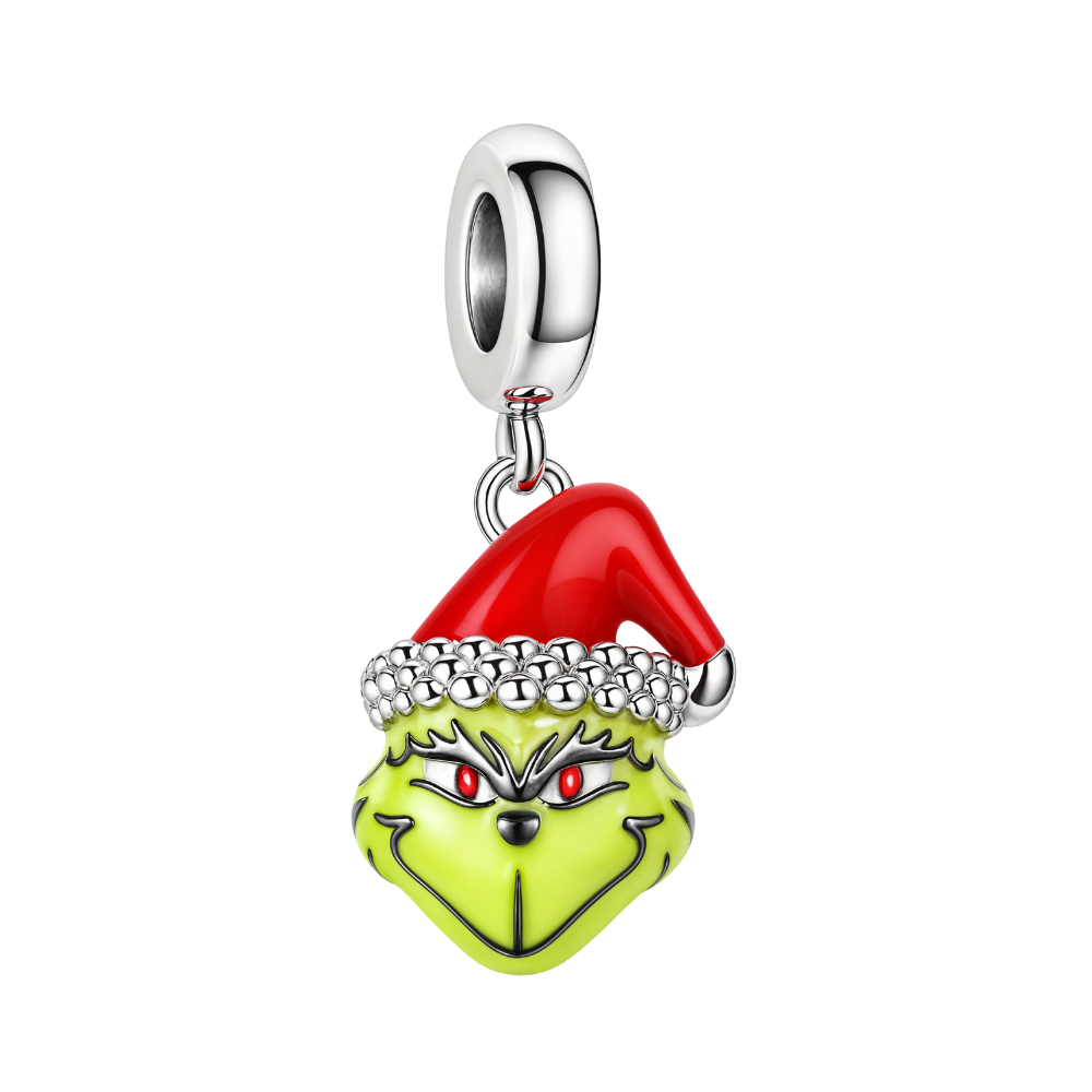 Grinch Santa Hat Dangle Charm featuring Grinch face and red Santa hat, perfect for holiday jewelry.
