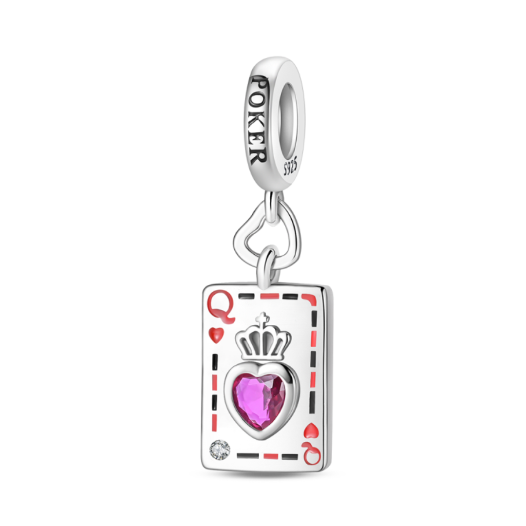Queen of Hearts Poker Dangle Charm in sterling silver with red enamel and zircon heart, perfect for casino lovers.