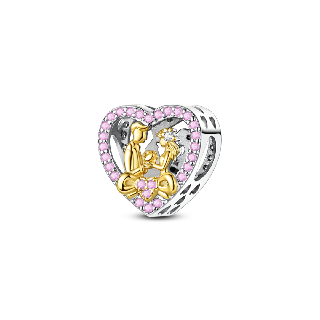 Forever Family Heart Charm with gold detailing and pink zircon stones celebrating family love.