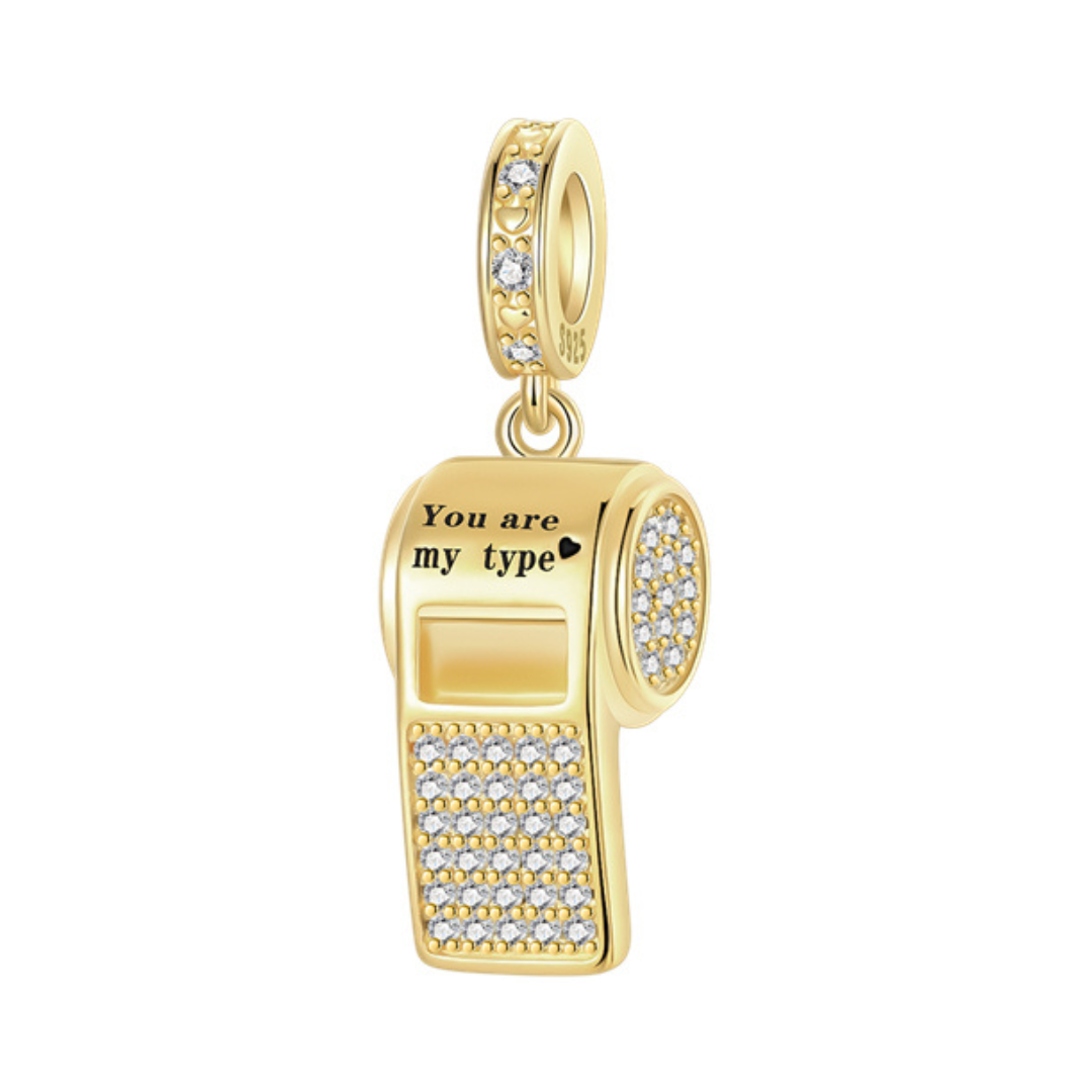 Golden Whistle love charm featuring the phrase 'You are my type' with shimmering zircons in a gold finish.