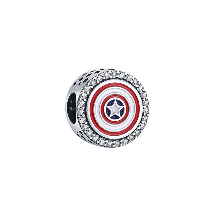 Marvel Captain America Shield Charm with red, white and blue design surrounded by sparkling crystals.