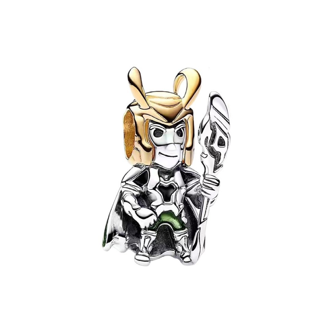Marvel Loki Charm showcasing Loki in green and gold outfit with horned helmet, silver details and staff.