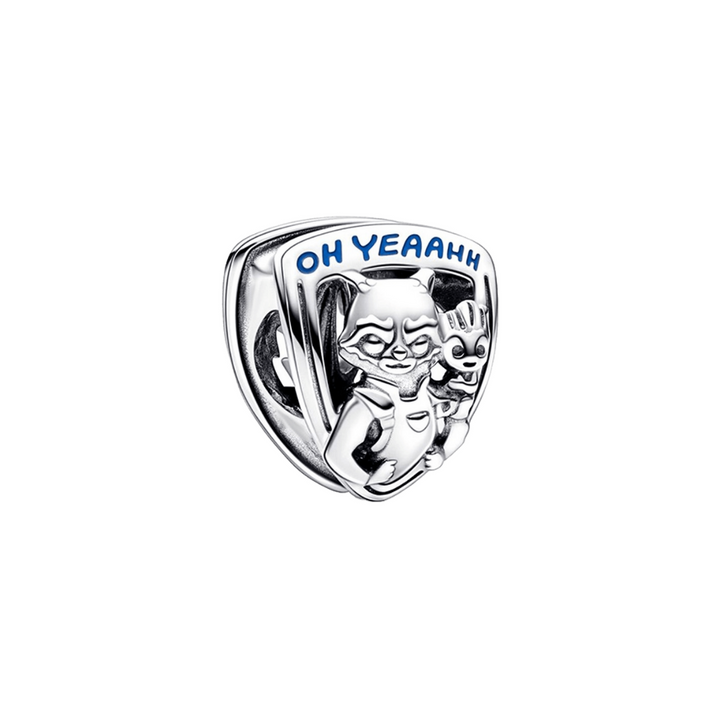 Marvel Rocket Raccoon and Groot Charm featuring Rocket with Baby Groot and the phrase 'OH YEAHH' engraved above.