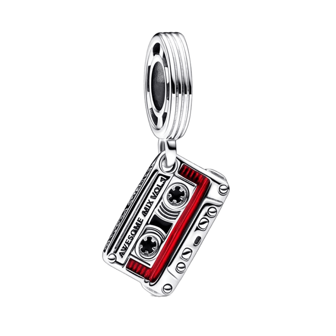 Marvel Guardians of the Galaxy Awesome Mix Tape Dangle Charm showcasing a retro cassette design with red and black colors.