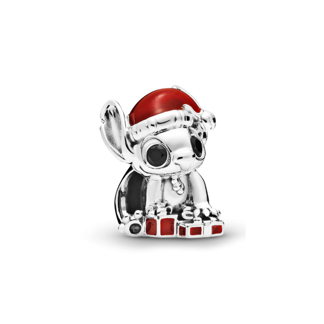 Lilo and Stitch Christmas charm featuring Stitch in a Santa hat with presents, perfect for holiday jewelry collections.