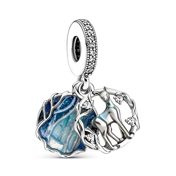 Harry Potter Snape Doe Patronus Dangle Charm featuring a silver doe surrounded by blue and silver tree branches.