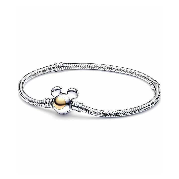 Mickey Mouse Snake Chain Bracelet featuring sterling silver and golden Mickey Mouse clasp.