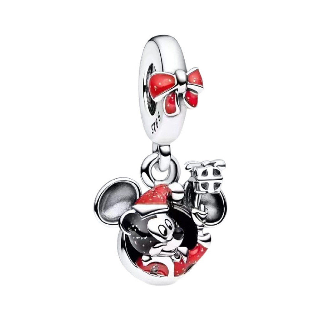 Mickey Mouse Christmas Dangle Charm featuring Mickey in a Santa outfit with a sack of presents for the holiday season.