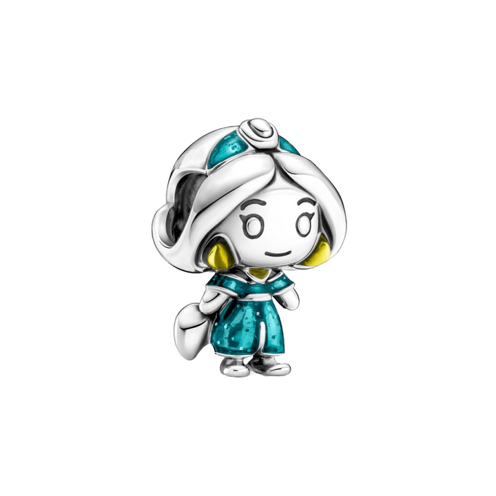 Disney Aladdin Princess Jasmine Charm in sterling silver with turquoise enamel and gold accents.
