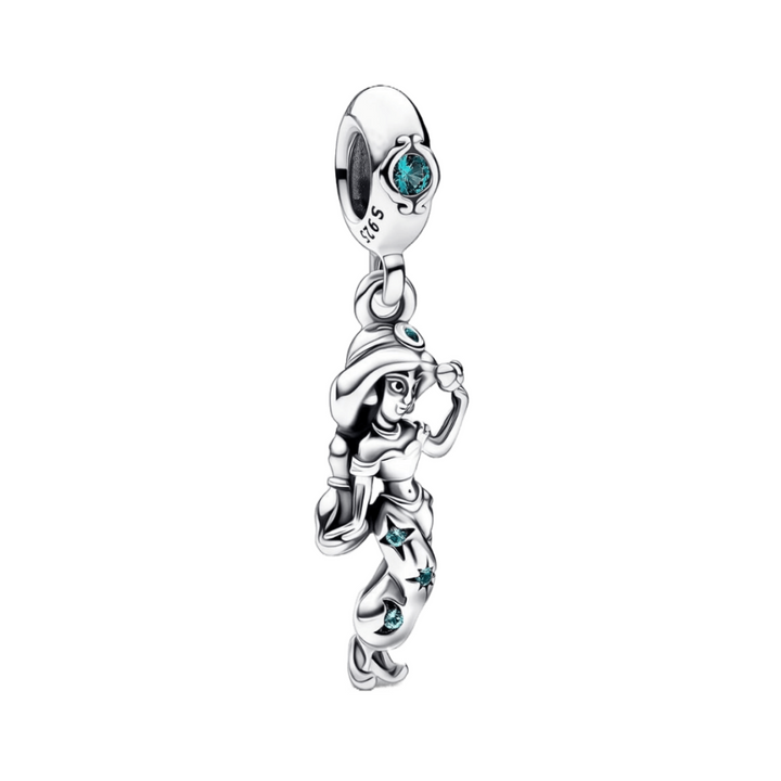 Princess Jasmine Dangle Charm in sterling silver with turquoise outfit and sparkling blue stones.