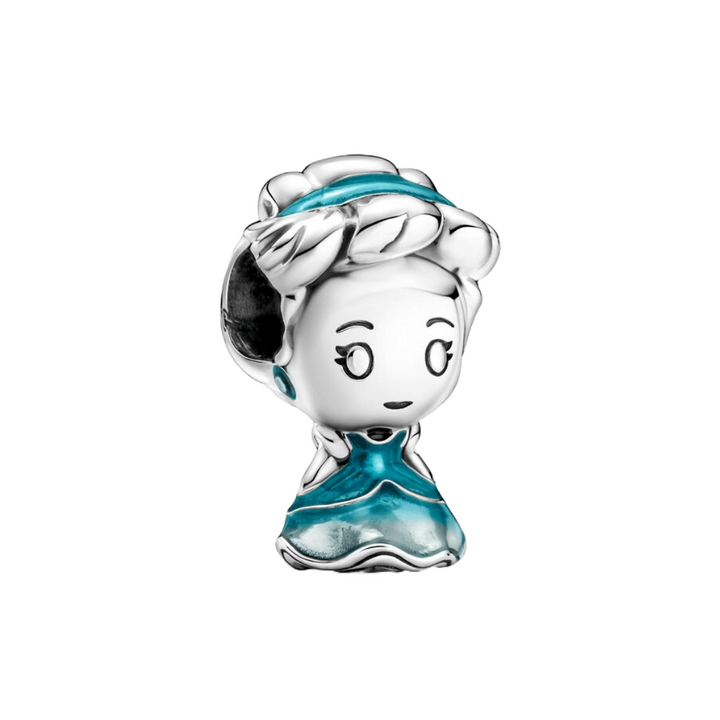Cinderella princess charm in polished sterling silver with turquoise enamel detailing, showcasing elegance and fairytale beauty.