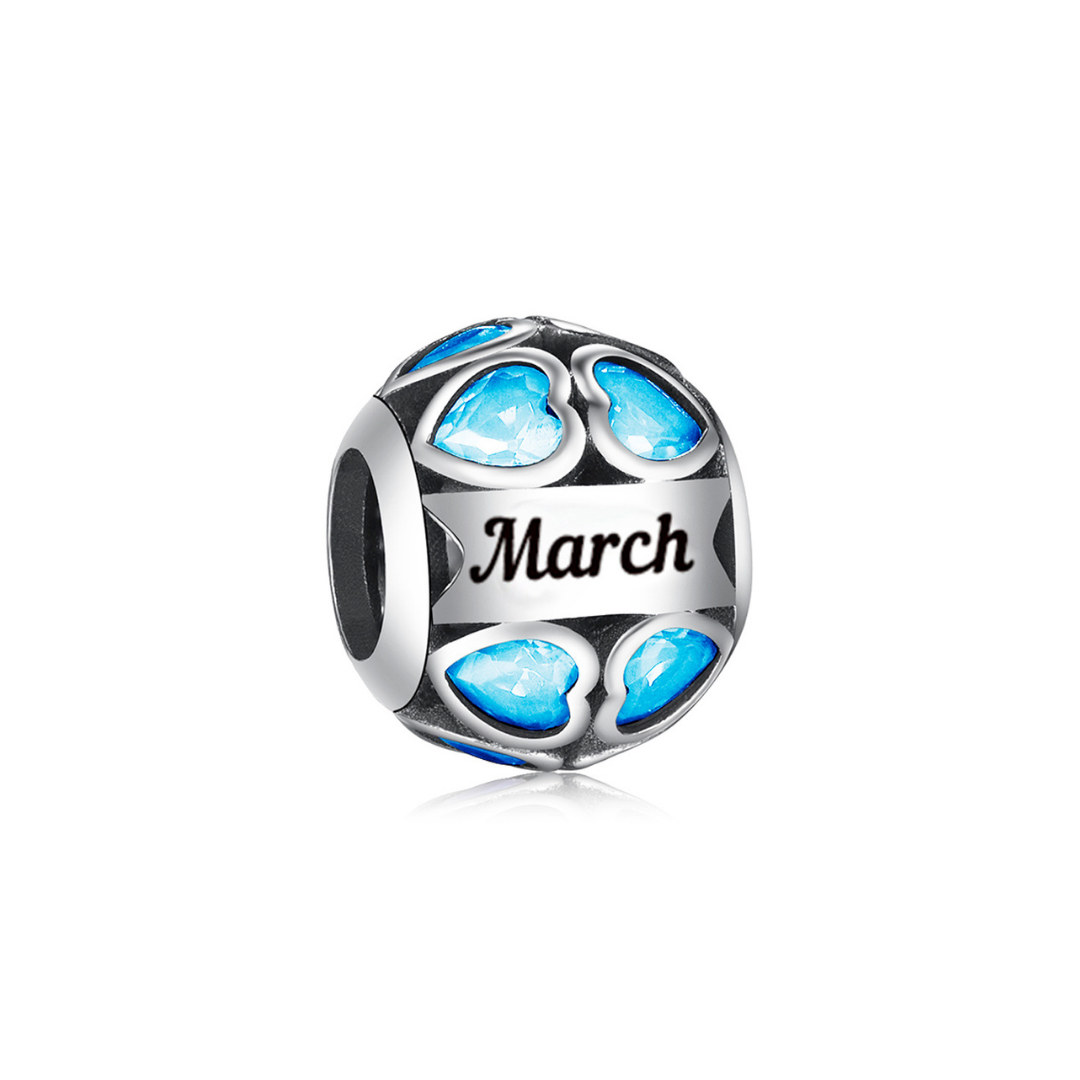 March Birthstone Charm with heart-shaped aquamarine stones and 'March' engraving in sterling silver.