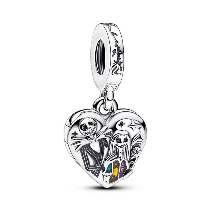 Disney The Nightmare Before Christmas Jack and Sally Heart Dangle Charm featuring Jack and Sally in a heart design.