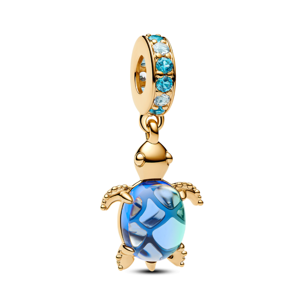 Golden turtle dangle charm featuring a blue Murano glass shell and gold-plated sterling silver design.
