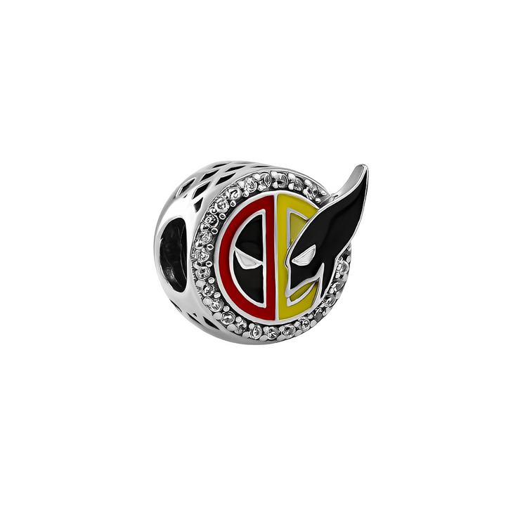 Marvel Deadpool and Wolverine Logo Charm featuring Deadpool's insignia and Wolverine's mask design with crystals.