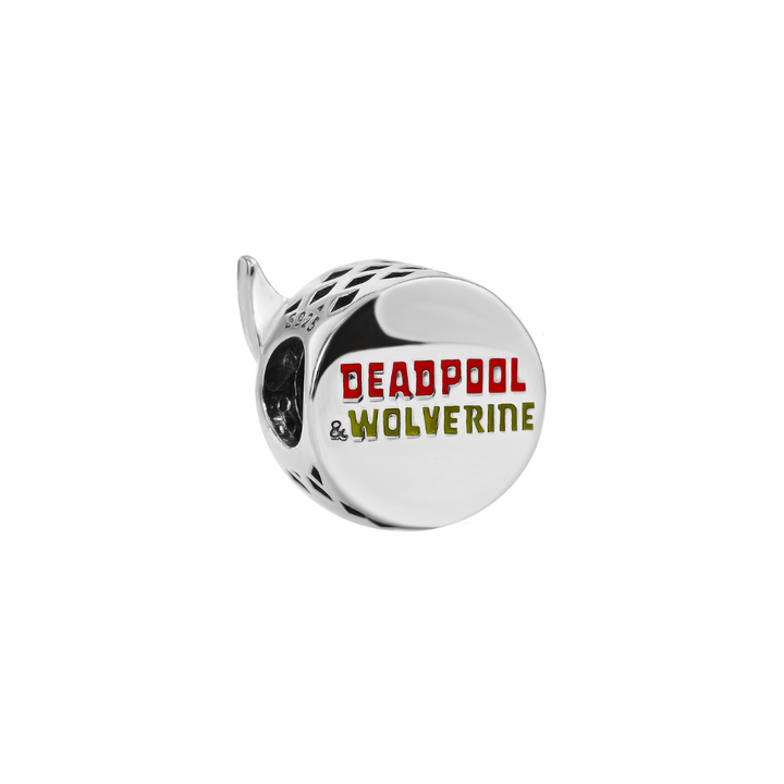 Marvel Deadpool and Wolverine Logo Charm featuring engraved names in bold colors and shiny finish.
