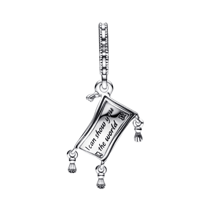 Aladdin Magic Carpet Dangle Charm featuring the phrase 'I can show you the world' in sterling silver.