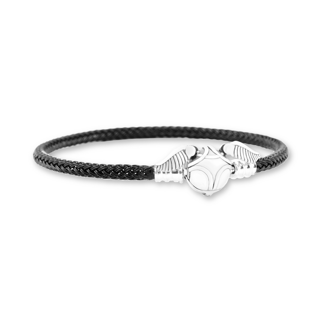 Harry Potter Golden Snitch Black Bracelet with a sleek black braided band and a detailed Golden Snitch clasp.