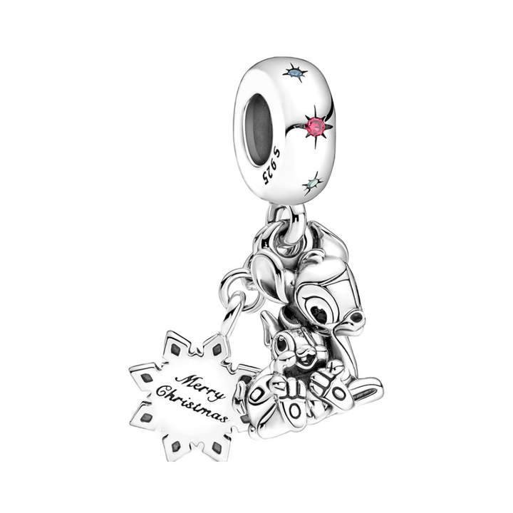 Bambi and Thumper Christmas Dangle Charm showcasing Bambi and Thumper with a snowflake charm, sterling silver design.
