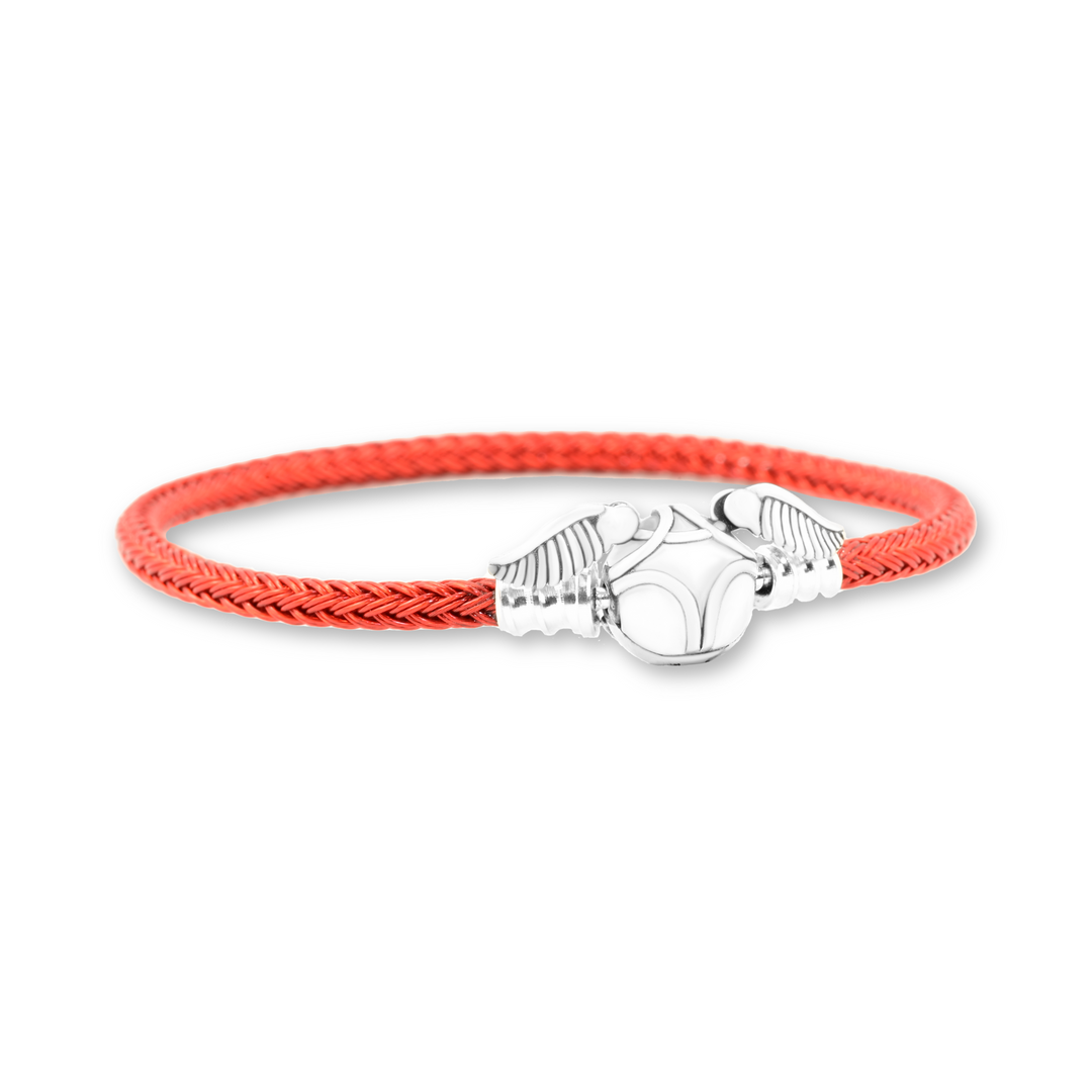 Harry Potter Golden Snitch Red Bracelet featuring a vibrant red braided band and a Silver Snitch centerpiece.