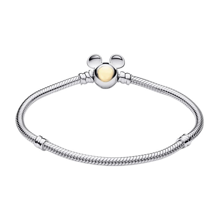 Mickey Mouse Snake Chain Bracelet featuring a golden clasp design and elegant sterling silver chain.