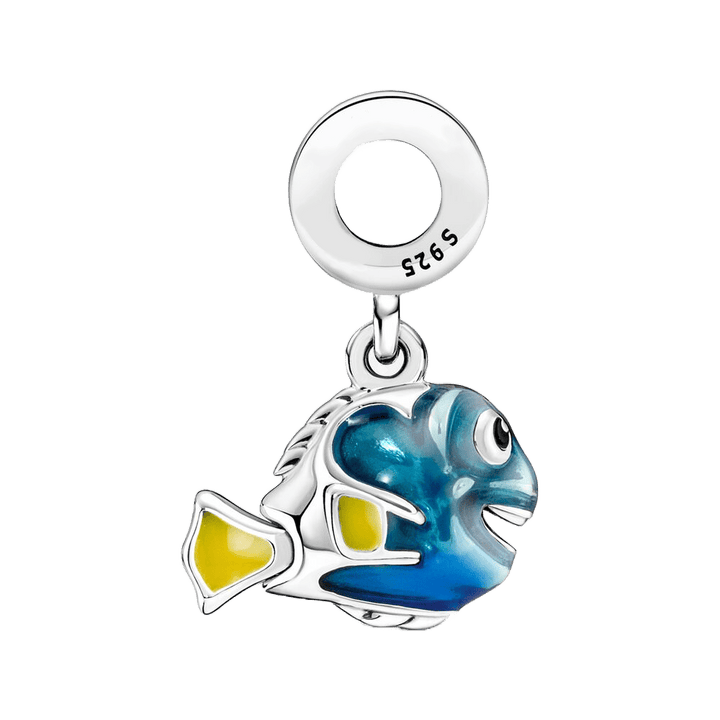 Dory Dangle Charm in sterling silver with blue and yellow enamel details inspired by Disney's Finding Dory.