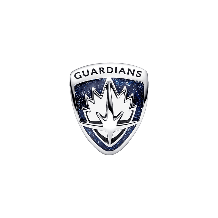 Marvel Rocket Raccoon and Groot Charm featuring Guardians logo with bold design and playful colors.