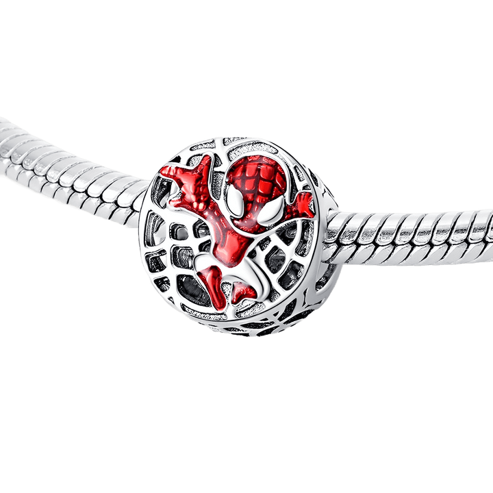 Marvel Spider-Man Soaring City Web Charm featuring Spider-Man in red enamel and sterling silver.