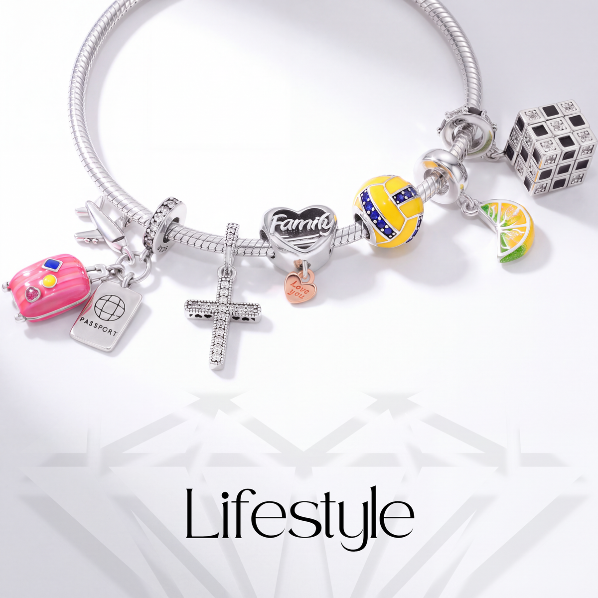 Charming bracelet featuring colorful Lifestyle charms representing family, travel, sports, and love.