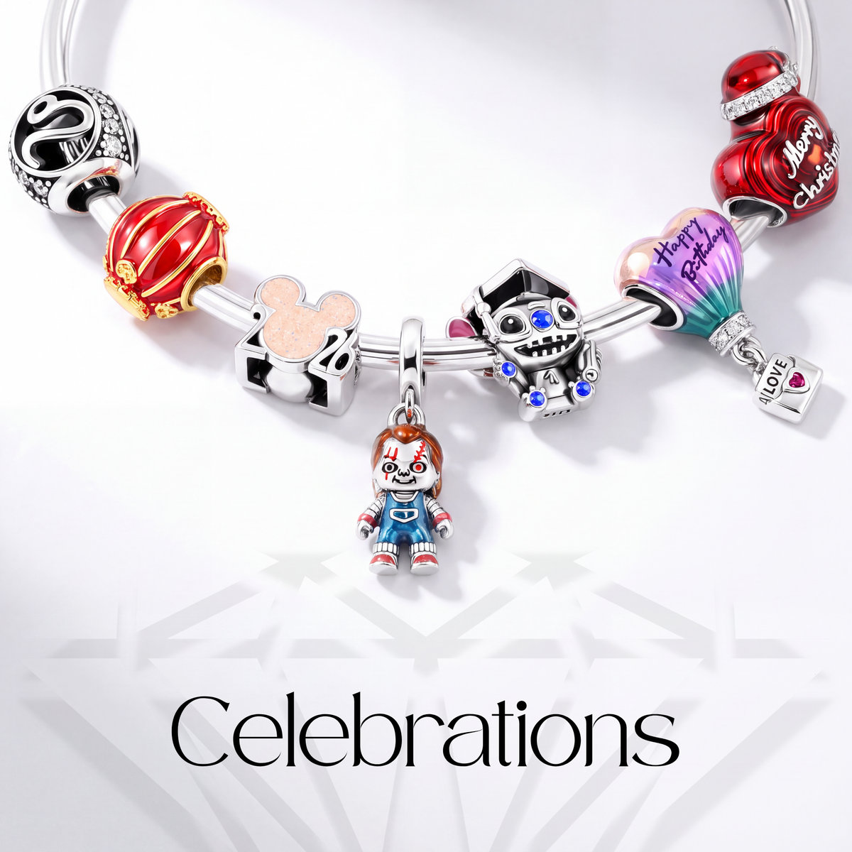 Close-up of a charm bracelet showcasing the Celebrations collection, featuring festive and memorable charms.
