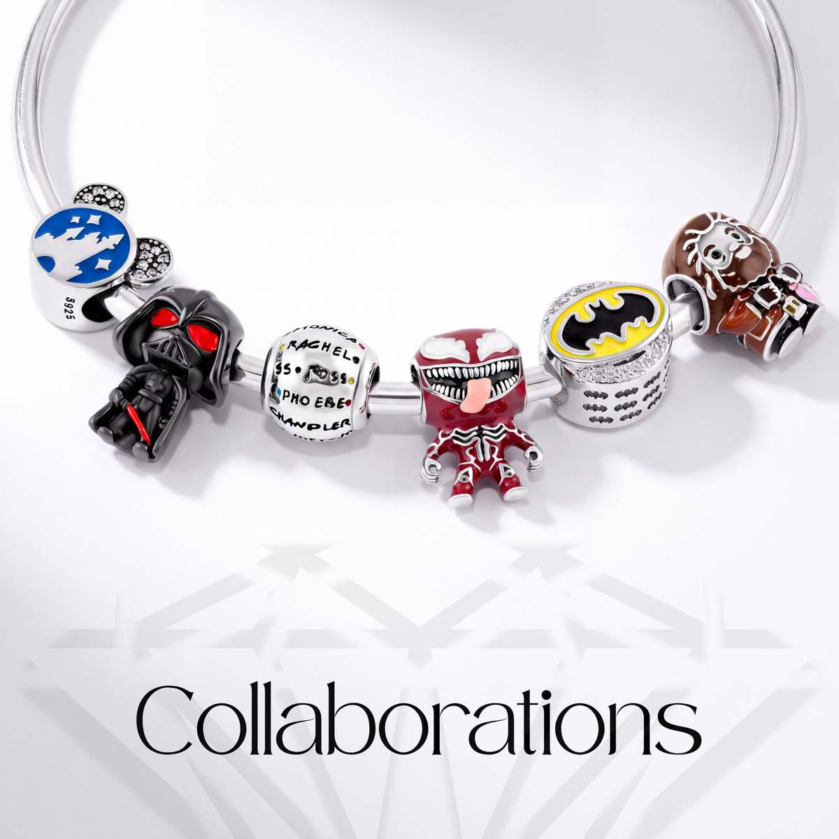 Charming bracelet with unique beads showcasing popular characters in a themed display titled Collaborations.