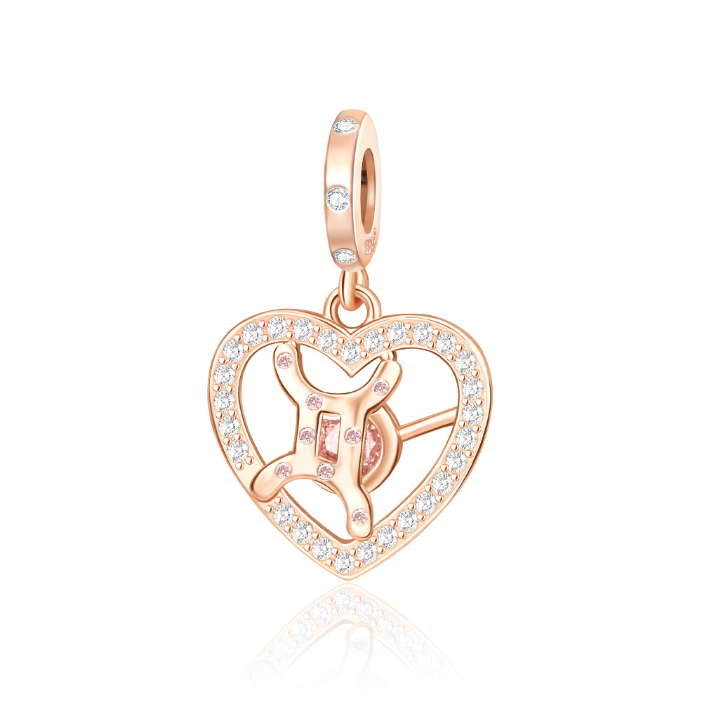 Rose Gold Sparkling Gemini Dangle Charm featuring a heart with clear pavé crystals and pink accents.
