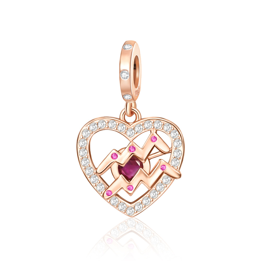 Rose Gold Sparkling Aquarius Dangle Charm featuring a heart design with pavé crystals and amethyst accents.