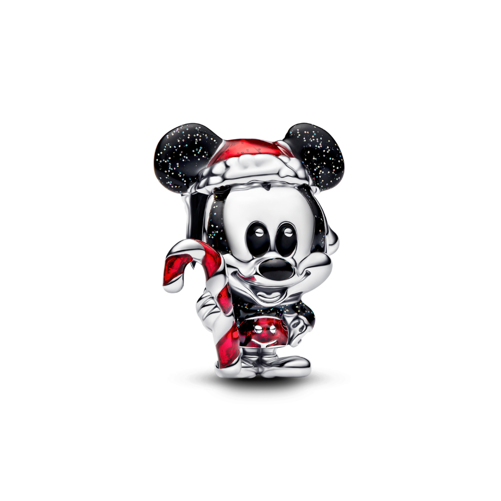 Mickey Mouse Christmas Candy Cane Charm featuring Mickey in a Santa hat holding a candy cane, perfect for holiday jewelry.