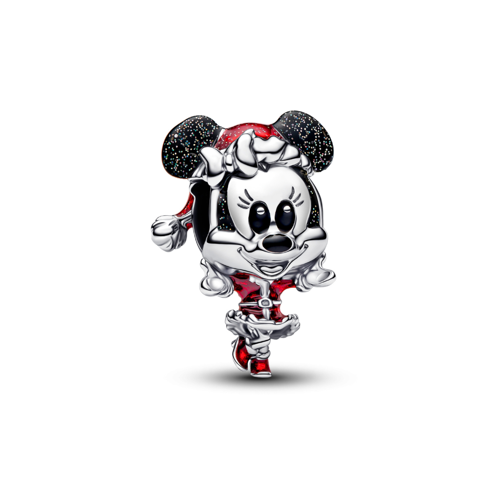 Minnie Mouse Holiday Cheer Christmas Charm in red Santa outfit with black enamel ears and cheerful smile.