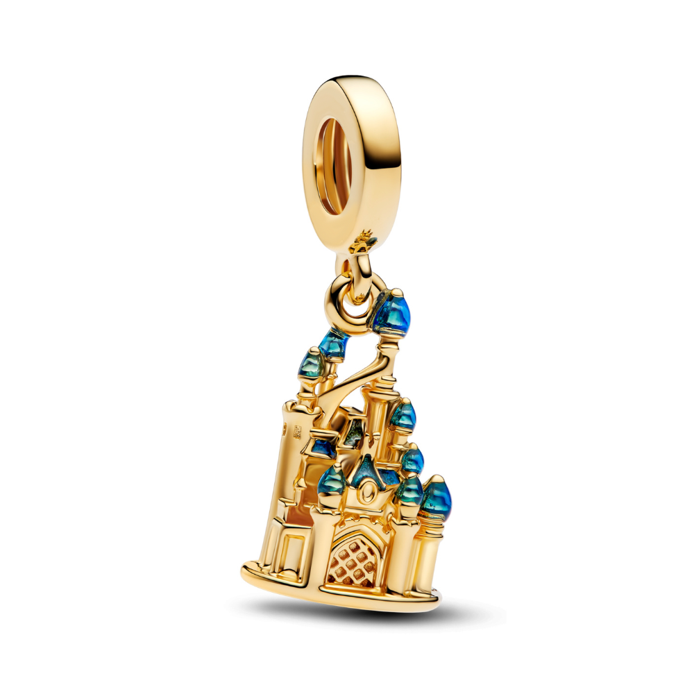 Disney Gold Castle Dangle Charm featuring a gold-toned castle with blue accents for a magical touch.