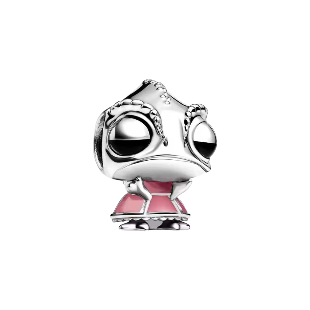 Disney Tangled Pascal Dress Up Charm in polished silver with a pink ruffled dress and large expressive eyes.