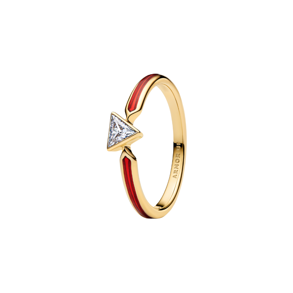 Iron Man Arc Reactor Ring featuring a triangular stone and red enamel detailing on a gold-toned band.