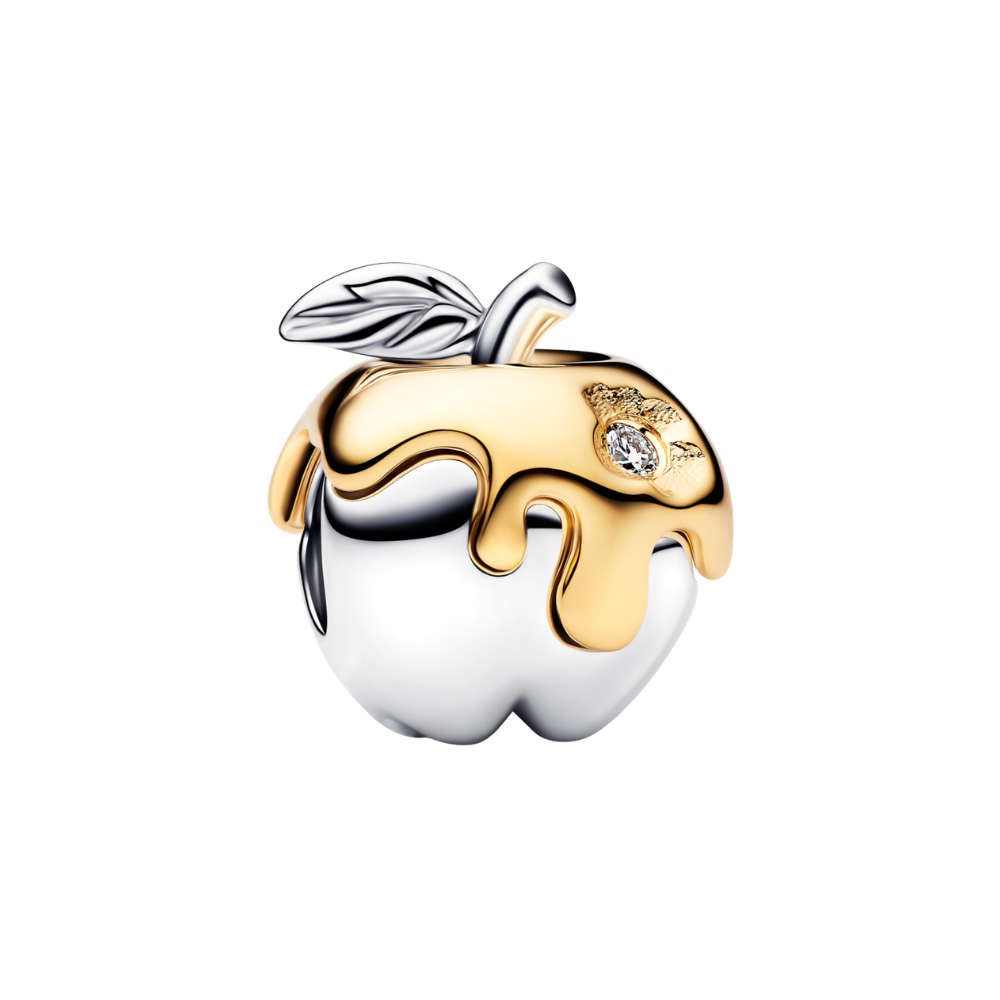 Disney Snow White Poison Apple Charm featuring a silver apple with gold dripping and a sparkling stone.