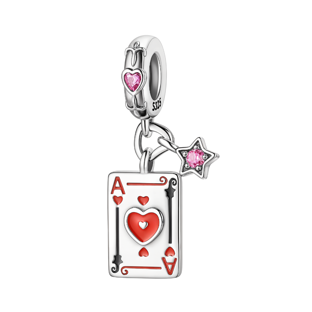 Ace of Hearts dangle charm featuring a red heart playing card and star accent with pink zircon stone.