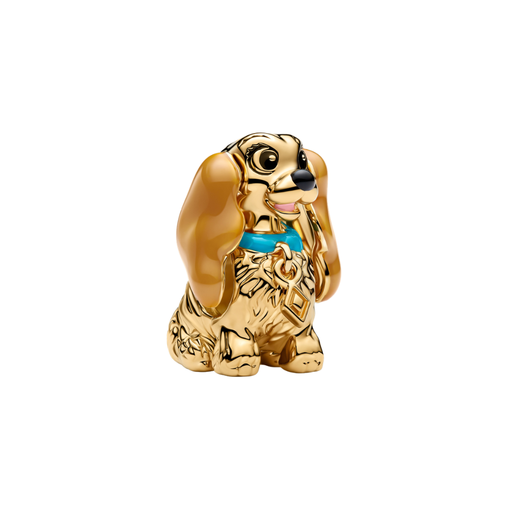 Disney Lady & the Tramp Golden Lady Charm, elegant golden Lady figurine with amber enamel ears and teal collar.