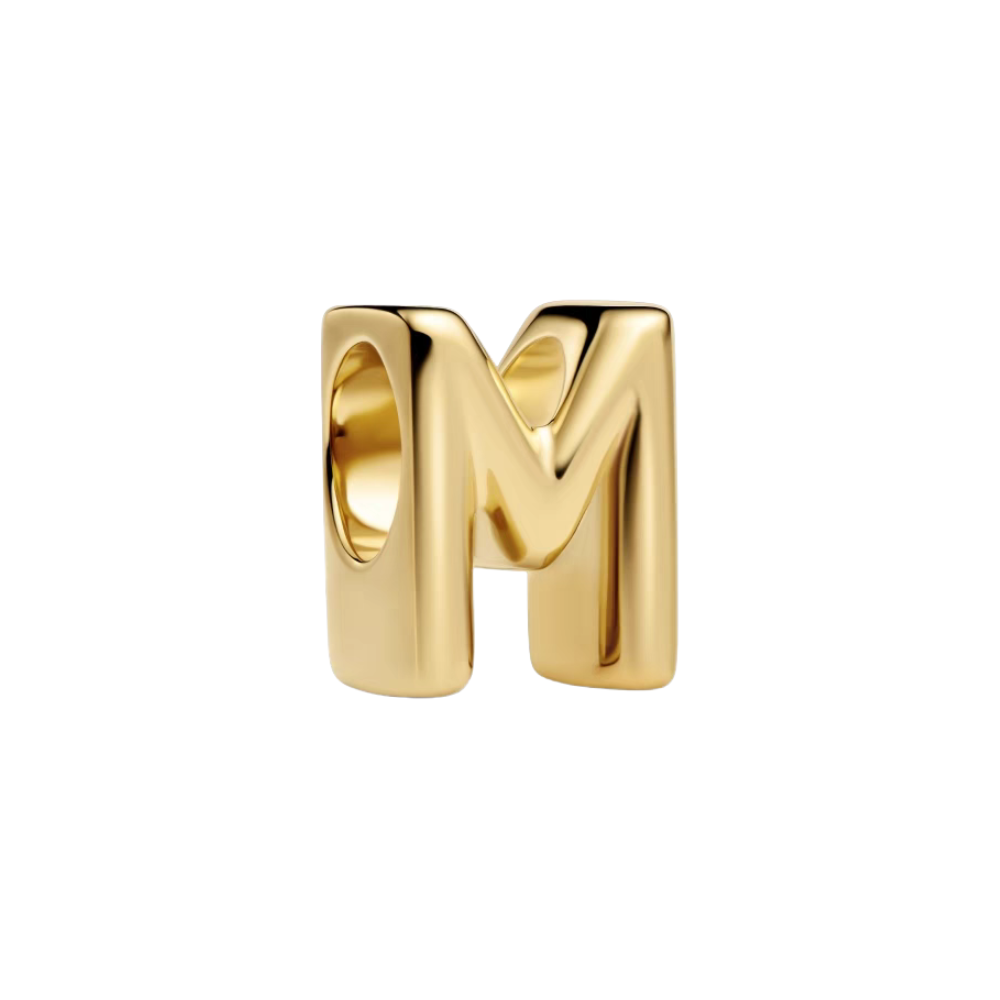 Gold Alphabet Charms A–Z in gold featuring the letter M, perfect for personalized jewelry gifts.