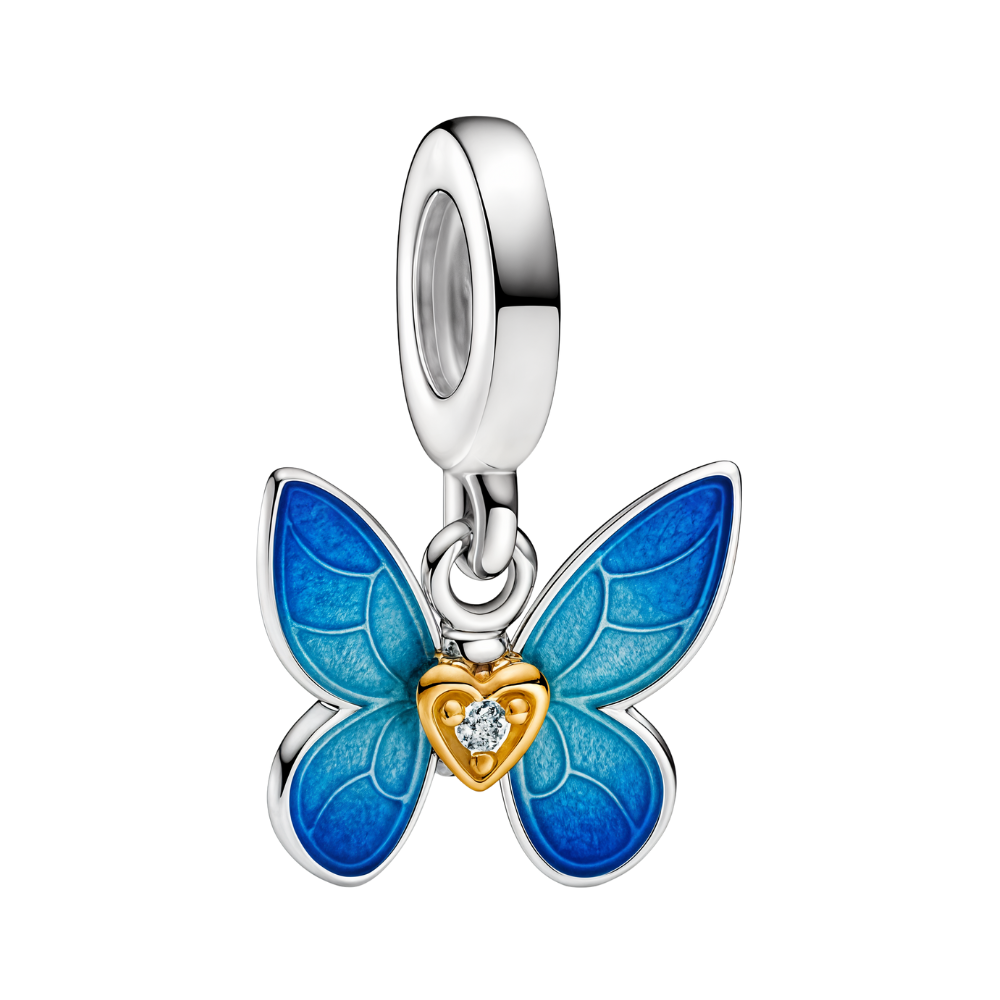 Blue Butterfly Gold Heart Dangle Charm featuring blue enamel wings and a gold heart with a crystal.
