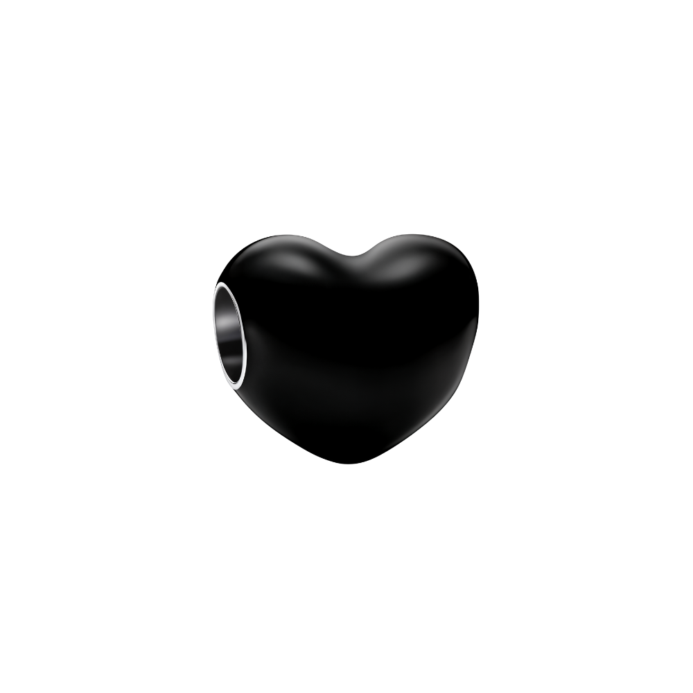 Eternal Black Heart Charm, a bold, timeless symbol of love and resilience, featuring a sleek black heart design.